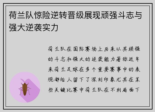 荷兰队惊险逆转晋级展现顽强斗志与强大逆袭实力