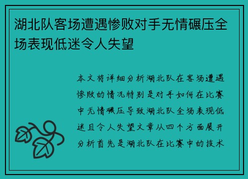 湖北队客场遭遇惨败对手无情碾压全场表现低迷令人失望