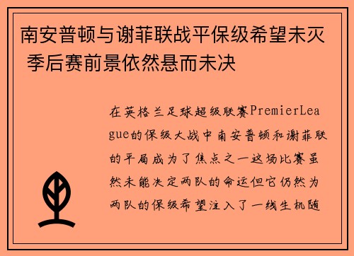 南安普顿与谢菲联战平保级希望未灭 季后赛前景依然悬而未决