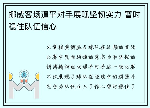 挪威客场逼平对手展现坚韧实力 暂时稳住队伍信心
