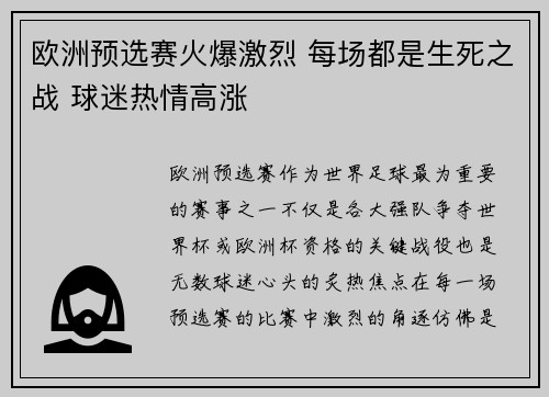 欧洲预选赛火爆激烈 每场都是生死之战 球迷热情高涨