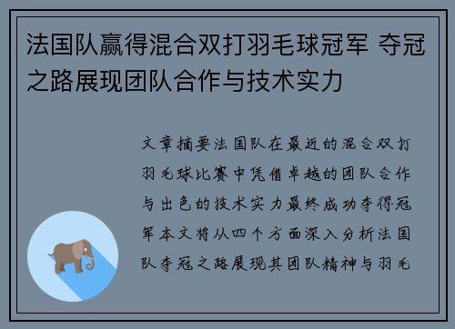 法国队赢得混合双打羽毛球冠军 夺冠之路展现团队合作与技术实力