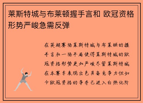 莱斯特城与布莱顿握手言和 欧冠资格形势严峻急需反弹