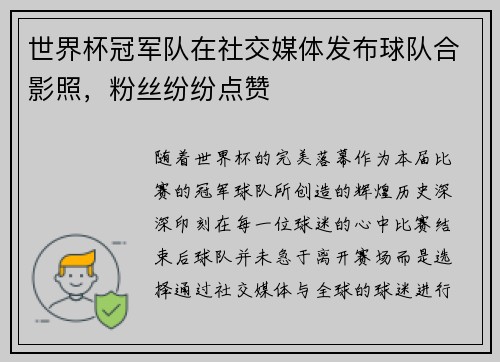 世界杯冠军队在社交媒体发布球队合影照，粉丝纷纷点赞
