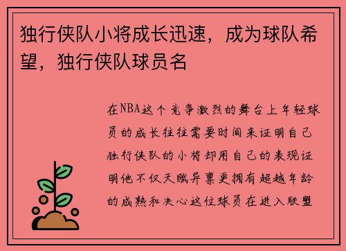 独行侠队小将成长迅速，成为球队希望，独行侠队球员名