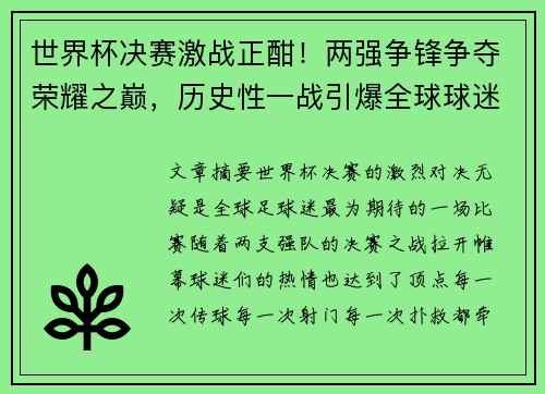 世界杯决赛激战正酣！两强争锋争夺荣耀之巅，历史性一战引爆全球球迷热情