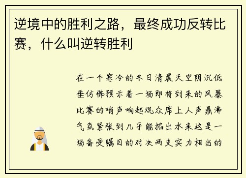 逆境中的胜利之路，最终成功反转比赛，什么叫逆转胜利
